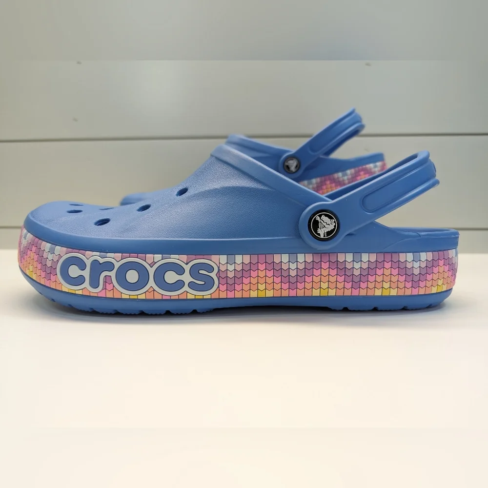 Crocs Bayaband Chevron Band Clogs Blue Multicolor swirl trim Sandals Men's 11
